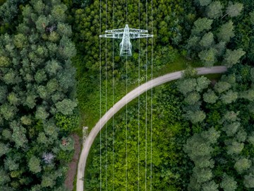 Luftaufnahme eines Waldgebietes mit einer Stromleitung Luftaufnahme eines Waldbereichs mit einem Strommast und mehreren Hochspannungsleitungen, die sich gerade durch die Baumkronen ziehen. Ein geschwungener Weg verläuft unterhalb der Leitungen durch das Grün.