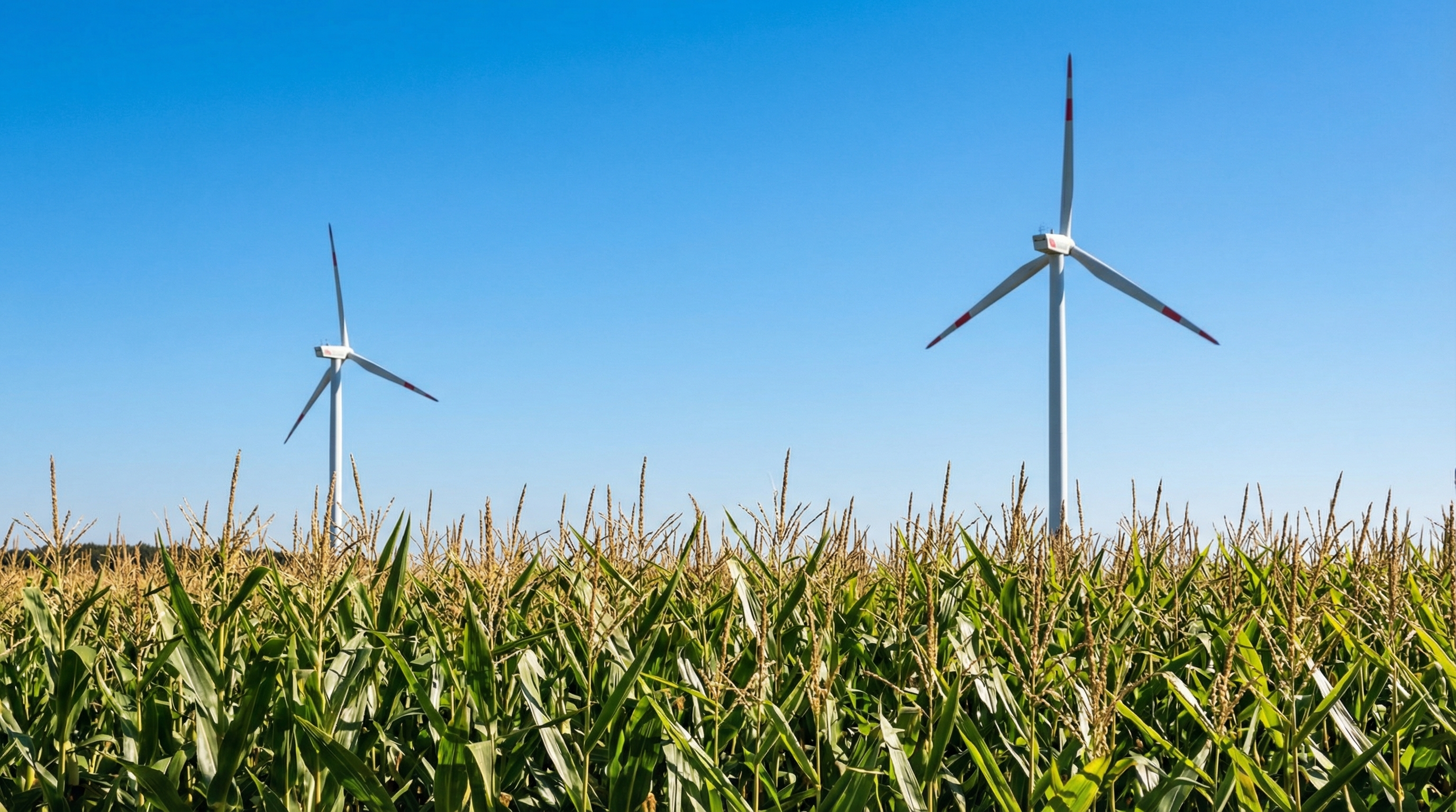 Zwei Windräder ragen hinter einem hohen Maisfeld in den klaren blauen Himmel. Die Szene wirkt sonnig und ruhig.