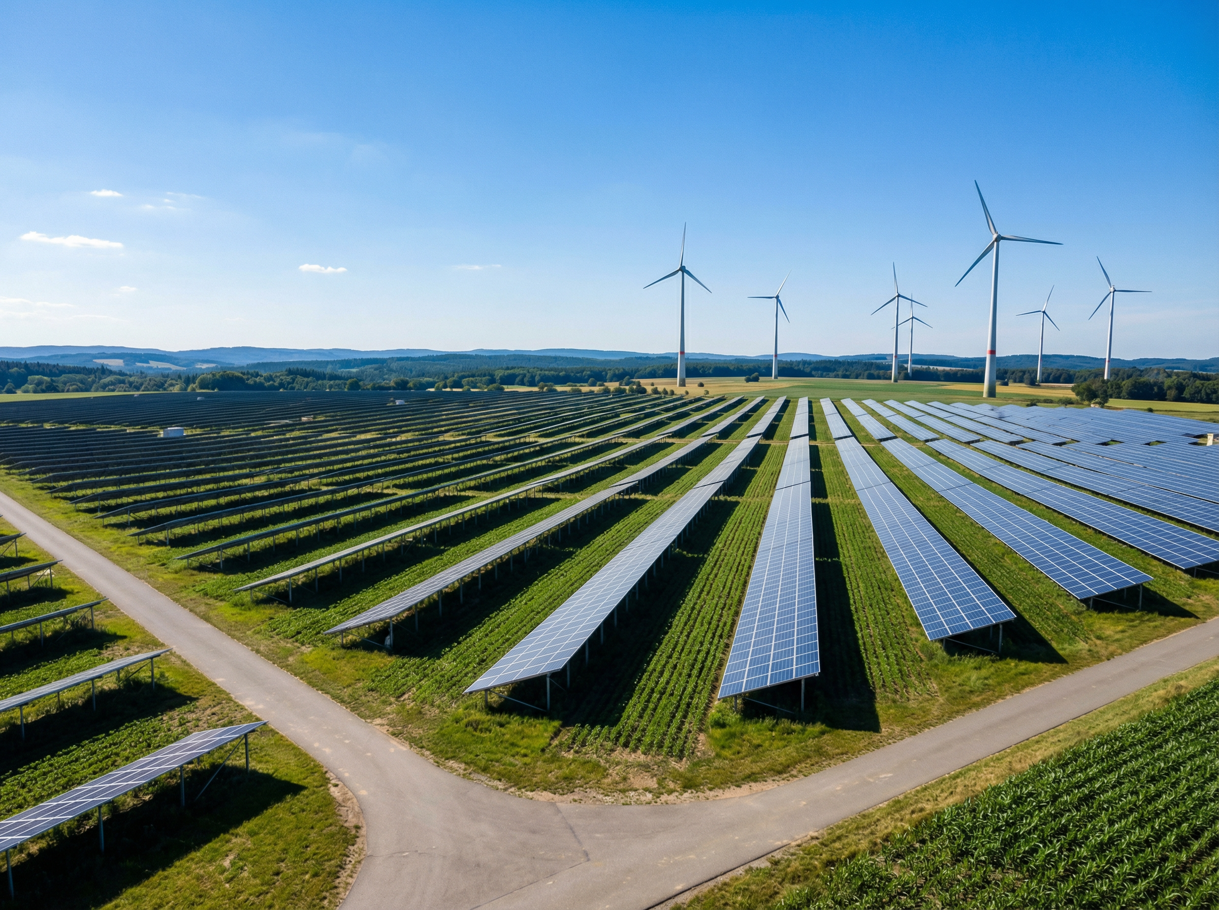 Eine große Freiflächen‑Solaranlage mit vielen Reihen von Solarpaneelen erstreckt sich über ein grünes Feld. Im Hintergrund stehen mehrere Windräder. Der Himmel ist klar und blau.