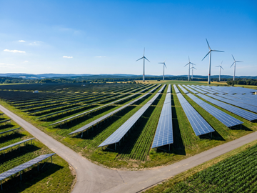 Freiflächen‑Solaranlage und Windräder im Hintergrund Eine große Freiflächen‑Solaranlage mit vielen Reihen von Solarpaneelen erstreckt sich über ein grünes Feld. Im Hintergrund stehen mehrere Windräder. Der Himmel ist klar und blau.