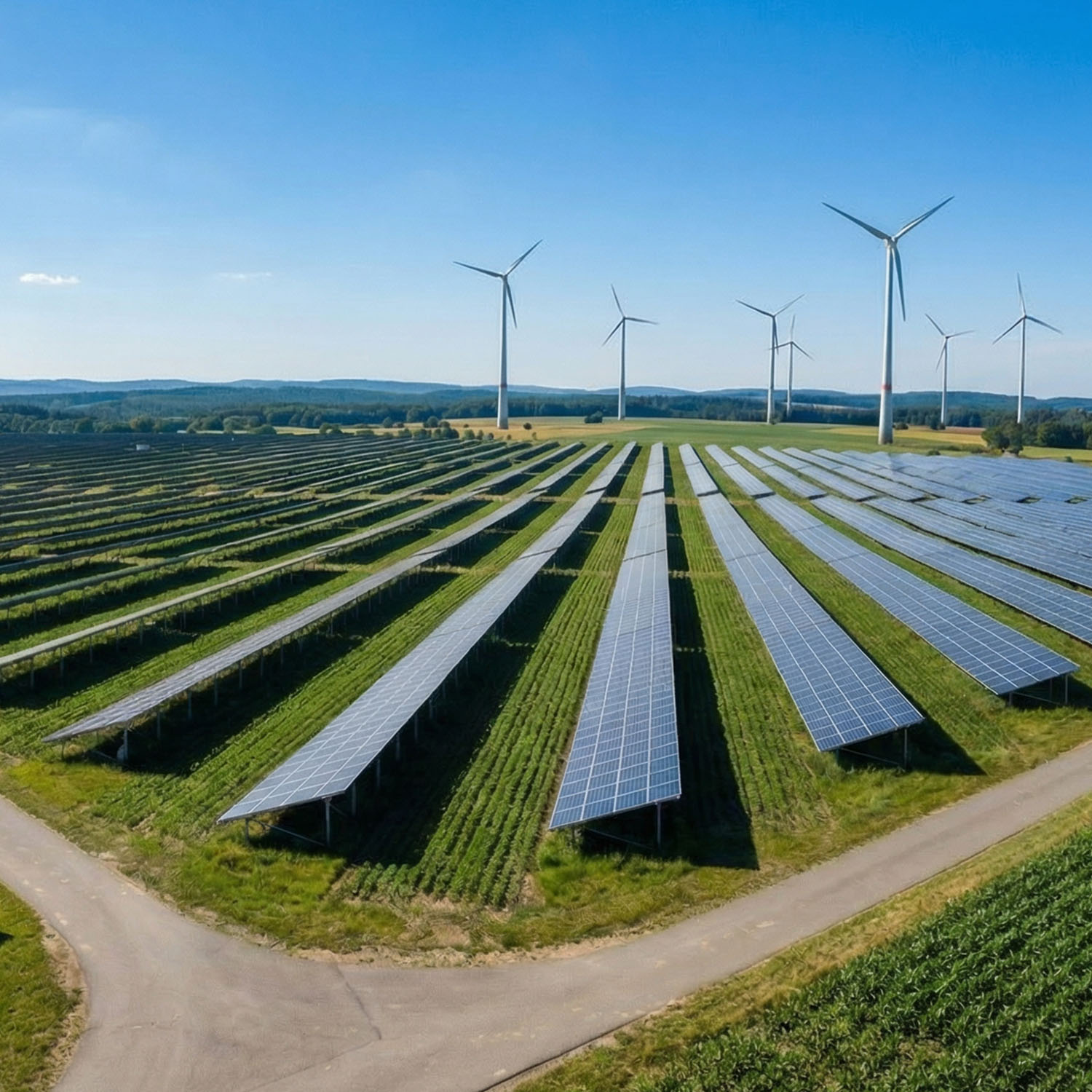 Eine große Freiflächen‑Solaranlage mit vielen Reihen von Solarpaneelen erstreckt sich über ein grünes Feld. Im Hintergrund stehen mehrere Windräder. Der Himmel ist klar und blau.