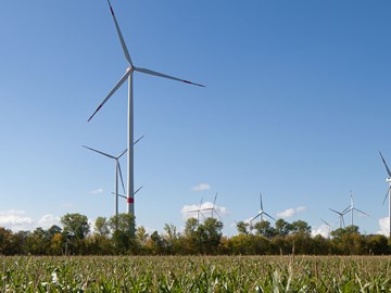Panoramablick auf den Windpark Hochheim bei strahlend blauem Himmel Panoramablick auf den Windpark Hochheim bei strahlend blauem Himmel