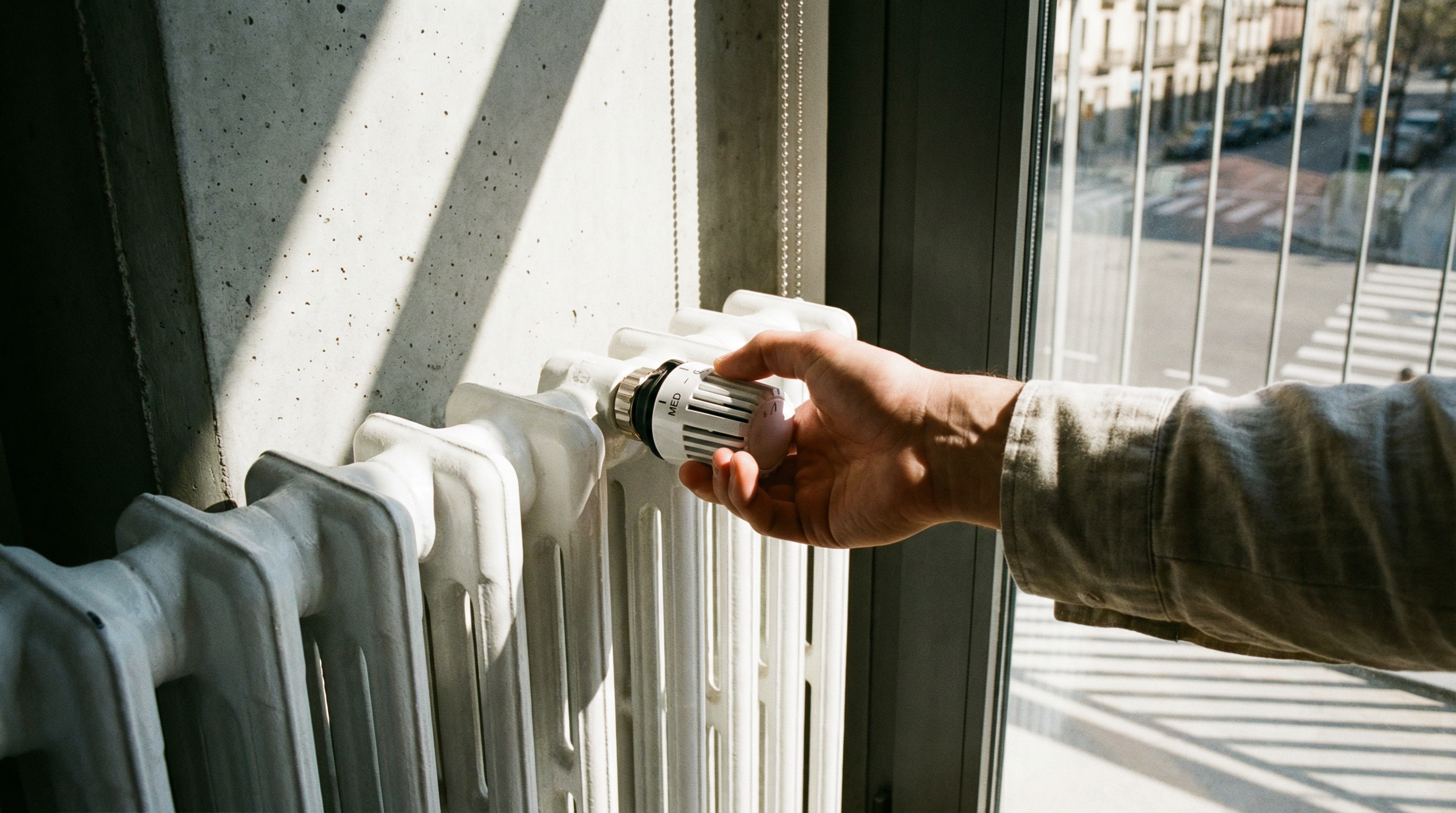 Eine Hand dreht am weißen Thermostatknopf eines Heizkörpers neben einem Fenster. Sonnenlicht fällt auf die Heizung und die Wand.