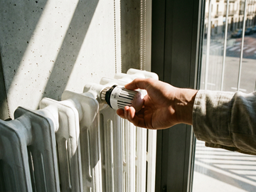 Hand am Thermostat einer Heizung Eine Hand dreht am weißen Thermostatknopf eines Heizkörpers neben einem Fenster. Sonnenlicht fällt auf die Heizung und die Wand.