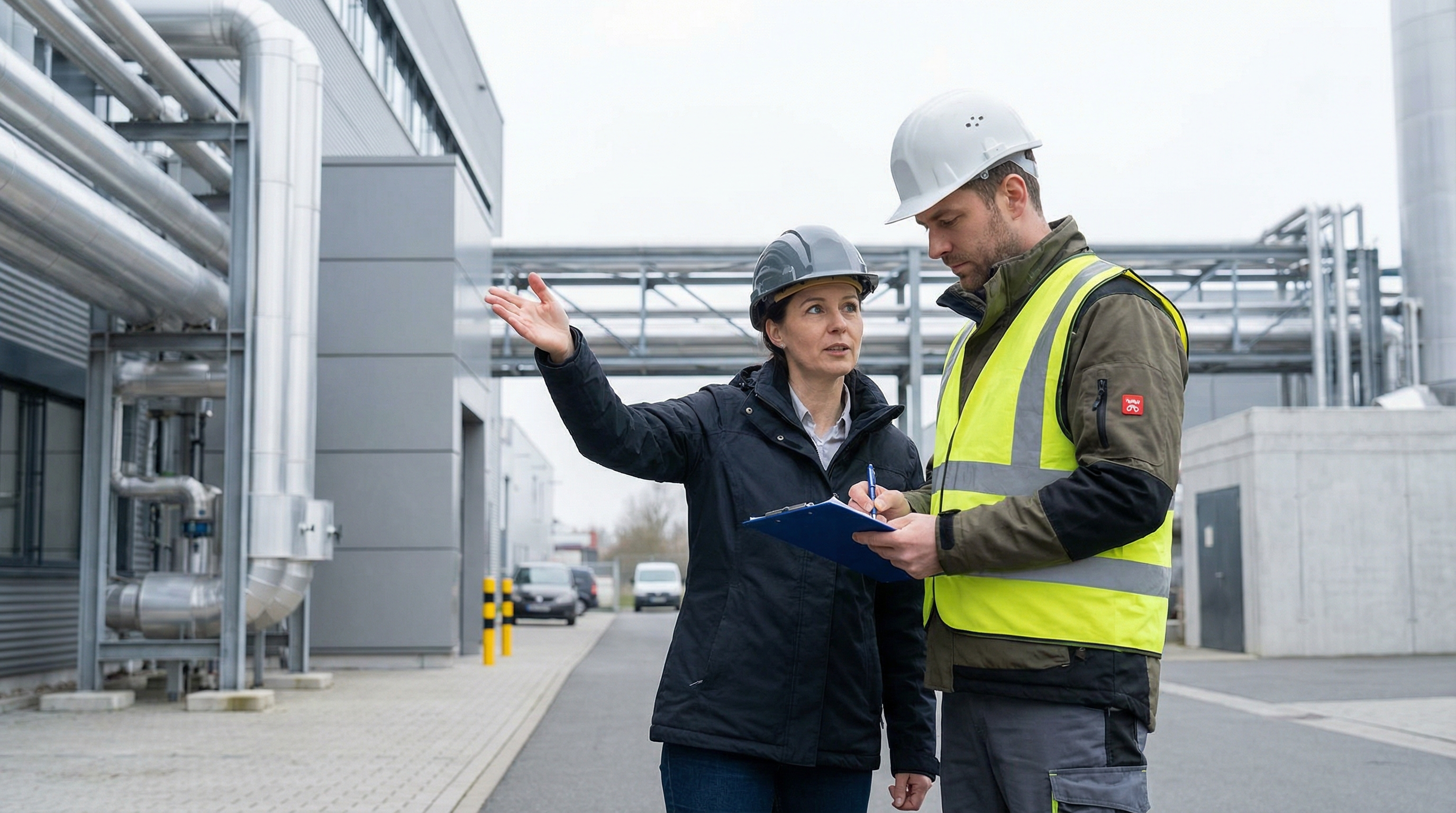 Zwei Personen in Schutzhelmen stehen auf einem Industriegelände. Eine Person deutet nach vorn, die andere schreibt auf einem Klemmbrett. Im Hintergrund sind Gebäude, Leitungen und Rohrsysteme zu sehen.