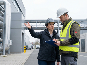 Zwei Personen im Gespräch auf einem Industriegelände Zwei Personen in Schutzhelmen stehen auf einem Industriegelände. Eine Person deutet nach vorn, die andere schreibt auf einem Klemmbrett. Im Hintergrund sind Gebäude, Leitungen und Rohrsysteme zu sehen.