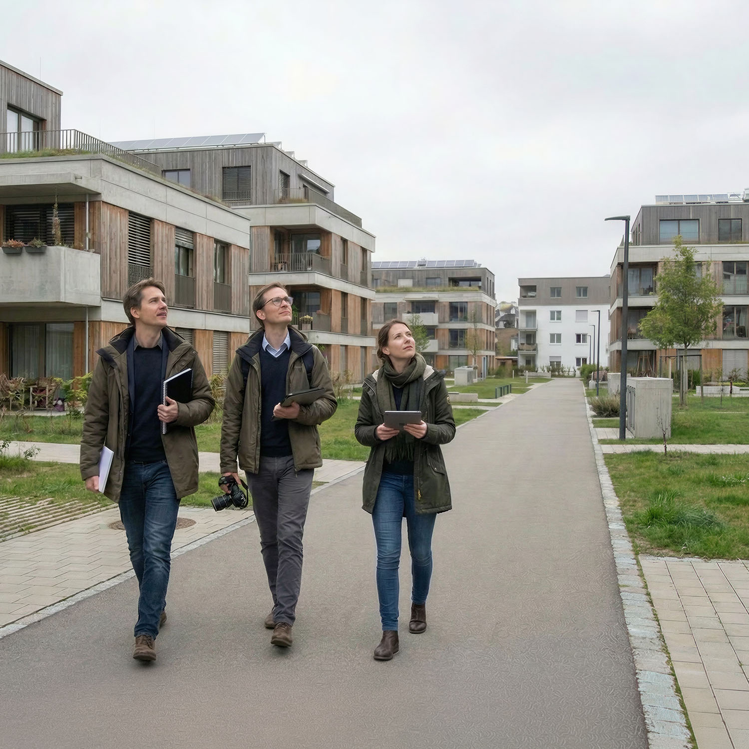 Drei Personen gehen eine breite Fußgängerallee in einem modernen Wohngebiet entlang. Sie tragen Jacken und halten Unterlagen oder Tablets in den Händen. Rechts und links stehen mehrstöckige Wohngebäude mit Balkonen. Der Himmel ist bedeckt.