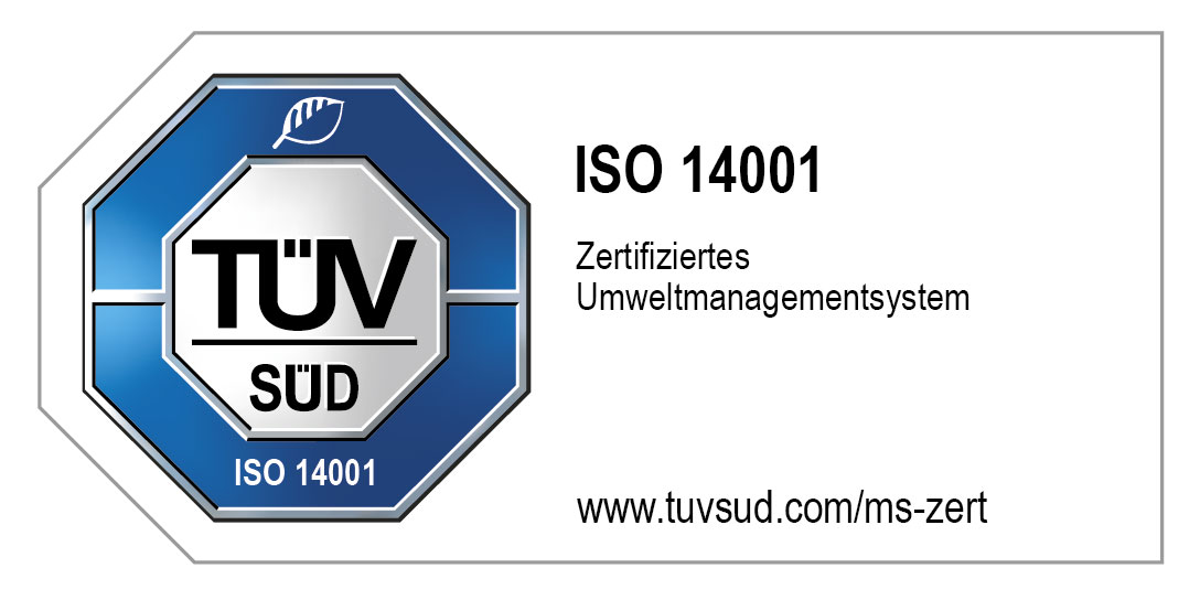 Die Grafik zeigt ein Zertifizierungsabzeichen. Diese Darstellung weist auf eine Zertifizierung nach dem internationalen Standard ISO 14001 für Umweltmanagementsysteme hin.