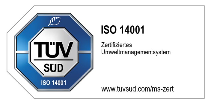 TUEV Zertifikat Umweltmanagement ISO 14001 Die Grafik zeigt ein Zertifizierungsabzeichen. Diese Darstellung weist auf eine Zertifizierung nach dem internationalen Standard ISO 14001 für Umweltmanagementsysteme hin.