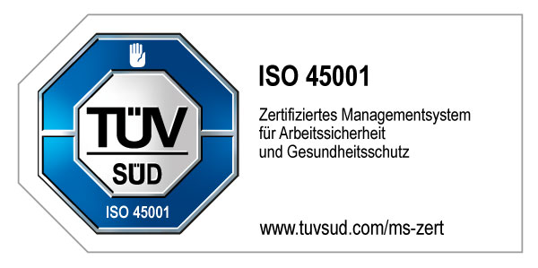 Die Grafik zeigt ein Zertifizierungsabzeichen. Das Abzeichen weist auf eine Zertifizierung nach dem internationalen Standard ISO 45001 hin, der für Managementsysteme im Bereich Arbeitssicherheit und Gesundheitsschutz steht.