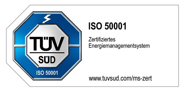 Die Grafik zeigt ein Zertifizierungsabzeichen von TÜV SÜD für den Standard ISO 50001. Diese Darstellung weist auf eine Zertifizierung nach dem internationalen Standard ISO 50001 für Energiemanagementsysteme hin.