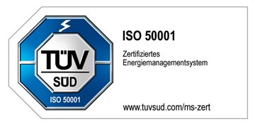TUEV Zertifikat Energiemanagement ISO 50001 Die Grafik zeigt ein Zertifizierungsabzeichen von TÜV SÜD für den Standard ISO 50001. Diese Darstellung weist auf eine Zertifizierung nach dem internationalen Standard ISO 50001 für Energiemanagementsysteme hin.