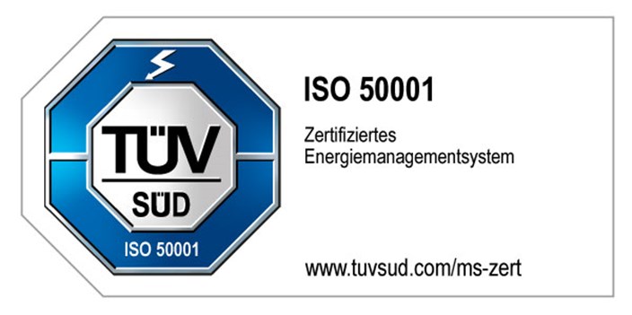 TUEV Zertifikat Energiemanagement ISO 50001 Die Grafik zeigt ein Zertifizierungsabzeichen von TÜV SÜD für den Standard ISO 50001. Diese Darstellung weist auf eine Zertifizierung nach dem internationalen Standard ISO 50001 für Energiemanagementsysteme hin.