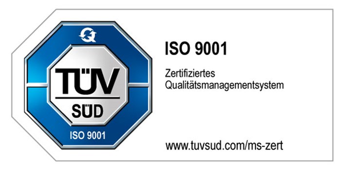 TUEV Zertifikat Qualitätsmanagementsystem ISO 9001 Die Grafik zeigt ein Zertifizierungslabel mit dem TÜV SÜD-Logo und Informationen zur ISO 9001-Zertifizierung. Diese Darstellung weist auf ein zertifiziertes Qualitätsmanagementsystem nach dem internationalen Standard ISO 9001 hin.