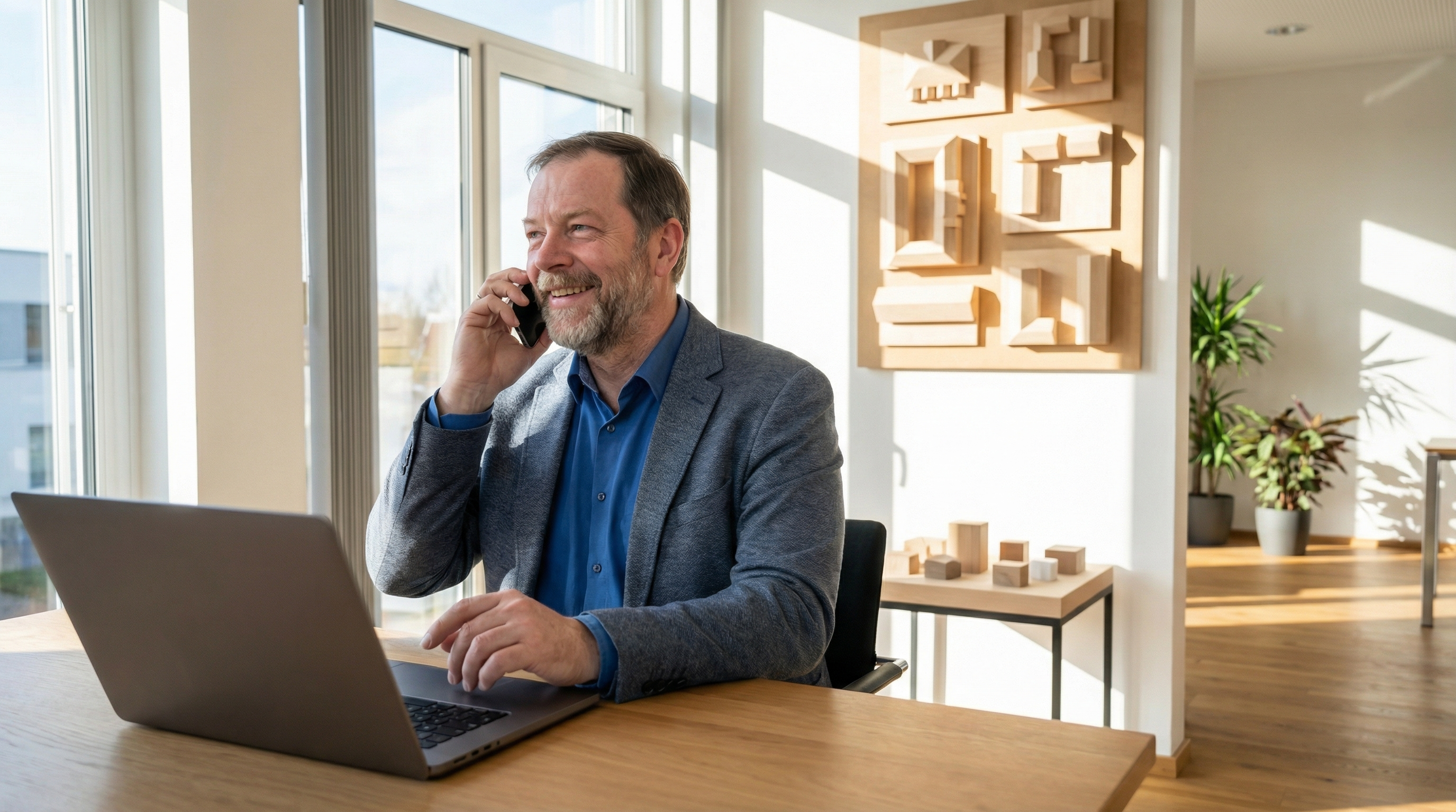 Eine Person sitzt an einem Holztisch in einem hellen Büro und telefoniert, während sie an einem Laptop arbeitet. Große Fenster lassen viel Tageslicht herein, im Hintergrund sind moderne Wandobjekte und eine Zimmerpflanze zu sehen.