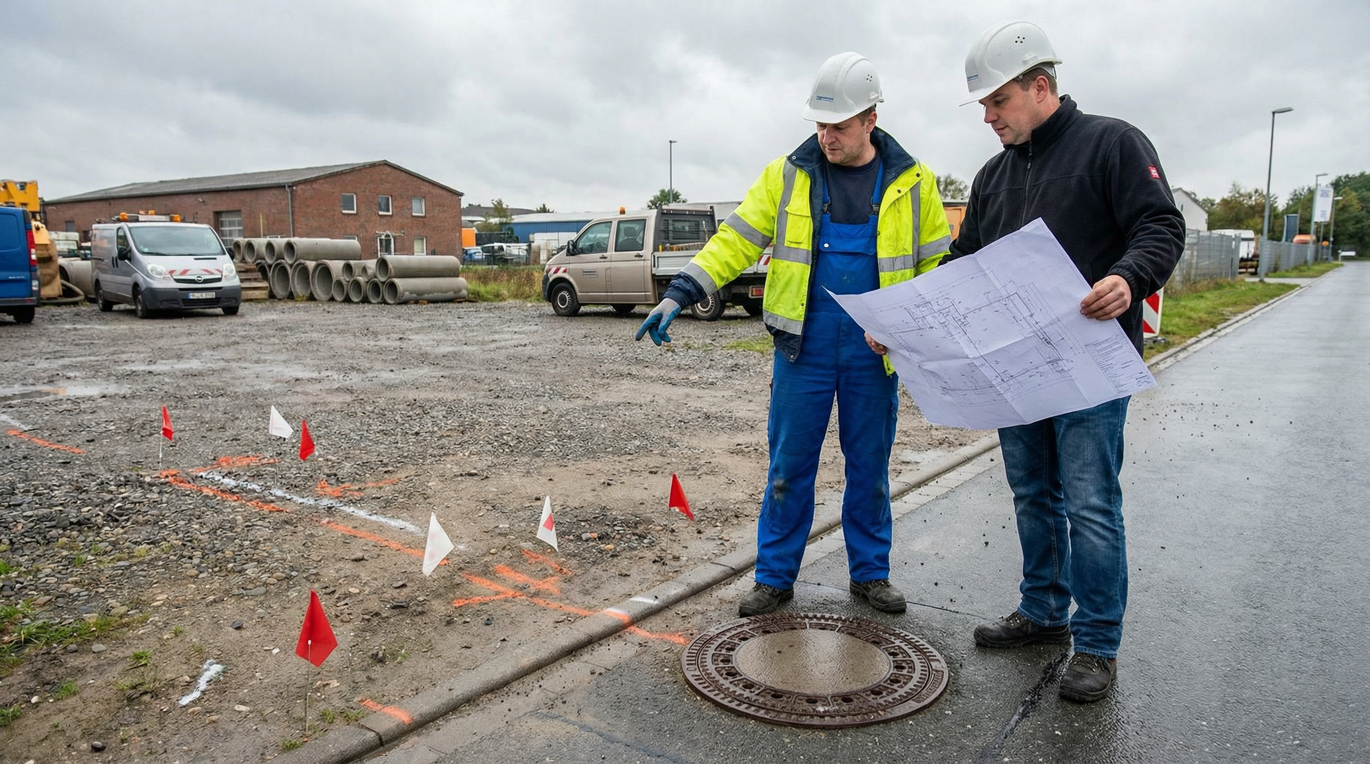 Zwei Personen mit Schutzhelmen stehen auf einer Baustelle. Eine Person zeigt auf den Boden, die andere hält einen Bauplan in den Händen. Auf dem Gelände sind Markierungen, Absperrfähnchen, Fahrzeuge und Baumaterialien zu sehen.